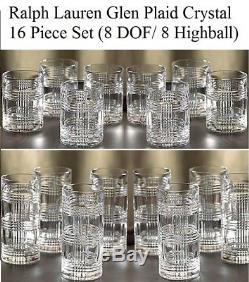 16 Set Ralph Lauren Glen Plaid Crystal Glasses DOF Double Old Fashioned Highball