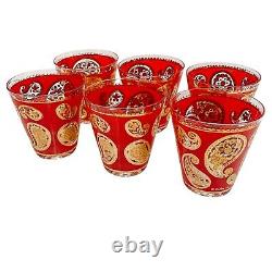 22K Gold Culver Red Paisley Double Old Fashioned Glasses Set of 6