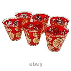 22K Gold Culver Red Paisley Double Old Fashioned Glasses Set of 6