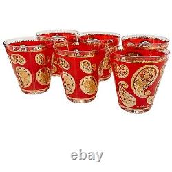 22K Gold Culver Red Paisley Double Old Fashioned Glasses Set of 6