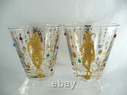 (2) CULVER Jester MARDI GRAS Double Old-Fashioned Glasses Gold Jeweled