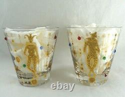 (2) CULVER Jester MARDI GRAS Double Old-Fashioned Glasses Gold Jeweled