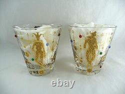 (2) CULVER Jester MARDI GRAS Double Old-Fashioned Glasses Gold Jeweled