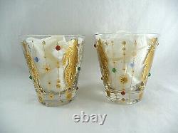 (2) CULVER Jester MARDI GRAS Double Old-Fashioned Glasses Gold Jeweled