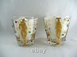 (2) CULVER Jester MARDI GRAS Double Old-Fashioned Glasses Gold Jeweled