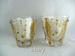 (2) CULVER Jester MARDI GRAS Double Old-Fashioned Glasses Gold Jeweled