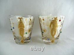 (2) CULVER Jester MARDI GRAS Double Old-Fashioned Glasses Gold Jeweled