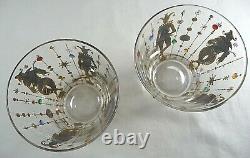 (2) CULVER Jester MARDI GRAS Double Old-Fashioned Glasses Gold Jeweled