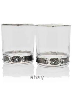 2 Jay Strongwater Hudson Double Old Fashion Glasses Gray-Silver enameled jeweled