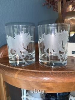 2-Perry Coyle Etched Art Double Old Fashioned Glasses Signed rare
