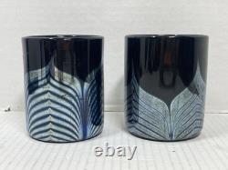 2 Steven Correia Black Iridescent Pulled Feather Double Old Fashioned Glasses