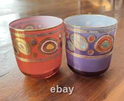 2 Vietri Regalia Italian Double Old-Fashioned Glasses Orange Purple 14K Gold