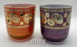 2 Vietri Regalia Italian Double Old-Fashioned Glasses Orange Purple 14K Gold