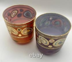 2 Vietri Regalia Italian Double Old-Fashioned Glasses Orange Purple 14K Gold