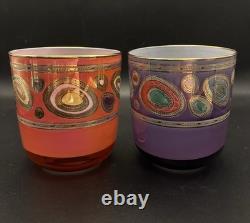 2 Vietri Regalia Italian Double Old-Fashioned Glasses Orange Purple 14K Gold