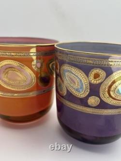 2 Vietri Regalia Italian Double Old-Fashioned Glasses Orange Purple 14K Gold