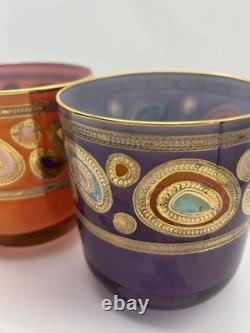2 Vietri Regalia Italian Double Old-Fashioned Glasses Orange Purple 14K Gold