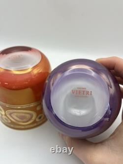 2 Vietri Regalia Italian Double Old-Fashioned Glasses Orange Purple 14K Gold