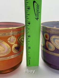 2 Vietri Regalia Italian Double Old-Fashioned Glasses Orange Purple 14K Gold