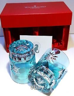 2 Waterford Crystal Snow Crystals Double Old Fashioned Tumblers Aqua Blue In Box