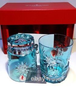 2 Waterford Crystal Snow Crystals Double Old Fashioned Tumblers Aqua Blue In Box