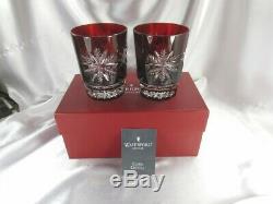 2 Waterford Ruby Red & Clear Snow Crystals Double Old Fashioned Glasses Mib