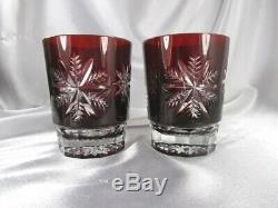 2 Waterford Ruby Red & Clear Snow Crystals Double Old Fashioned Glasses Mib