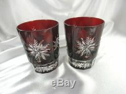 2 Waterford Ruby Red & Clear Snow Crystals Double Old Fashioned Glasses Mib