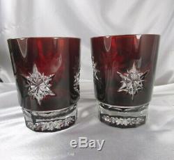 2 Waterford Ruby Red & Clear Snow Crystals Double Old Fashioned Glasses Mib