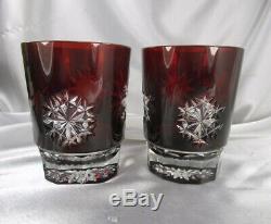 2 Waterford Ruby Red & Clear Snow Crystals Double Old Fashioned Glasses Mib