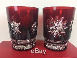 2 Waterford Ruby Snow Crystals Double Old Fashioned Glasses NIB Cased Crystal