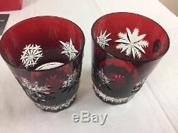 2 Waterford Ruby Snow Crystals Double Old Fashioned Glasses NIB Cased Crystal