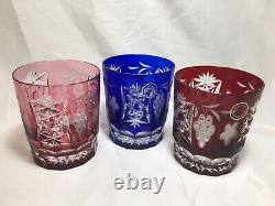 (3) Hungary 4 Inch Handblown OLD FASHIONED Crystal (Red, Pink, Cobalt)