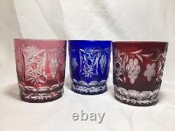 (3) Hungary 4 Inch Handblown OLD FASHIONED Crystal (Red, Pink, Cobalt)