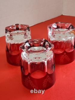 3 Lenox Winter Greetings Double Old Fashioned Glass Ruby ETCHED TO CLEAR MINT