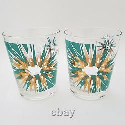 4 Gay Fad Atomic Starburst Glass Tumblers Double Old Fashioned Gold Aqua Green