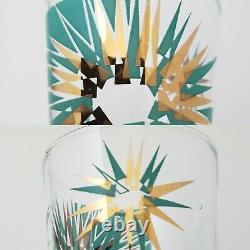 4 Gay Fad Atomic Starburst Glass Tumblers Double Old Fashioned Gold Aqua Green
