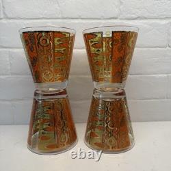 4 Georges Briard Vtg Double Old Fashioned Glasses Gold Green Orange Bar-Ware MCM
