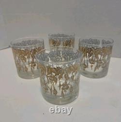 4 Gregory Duncan Cocktail Glasses Double Old Fashioned Gold Flowers