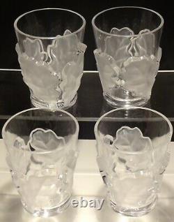 4 Lalique France Chene Oak Leaf Double Old Fashioned Tumblers 4 3/4 Marked