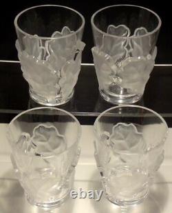 4 Lalique France Chene Oak Leaf Double Old Fashioned Tumblers 4 3/4 Marked