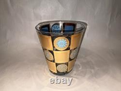 4 MCM Culver CARNIVAL Gold and Turquoise 4? Double Old-Fashioned Glasses
