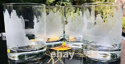 4 Perry Coyle Hand Etch Penguin Double Old Fashioned Glass Exquisite Design