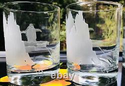 4 Perry Coyle Hand Etch Penguin Double Old Fashioned Glass Exquisite Design
