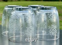 4 Pottery Barn-Snowflake Etched-Double Old-Fashioned Glasses! New & Beautiful
