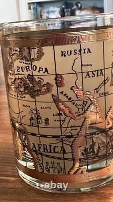 4 VTG MCM Culver Cera 22K Gold World Atlas Maps Double Old Fashioned Glasses