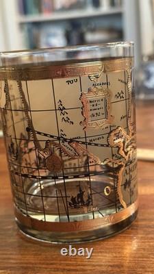 4 VTG MCM Culver Cera 22K Gold World Atlas Maps Double Old Fashioned Glasses
