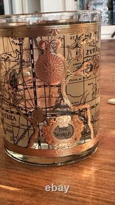 4 VTG MCM Culver Cera 22K Gold World Atlas Maps Double Old Fashioned Glasses