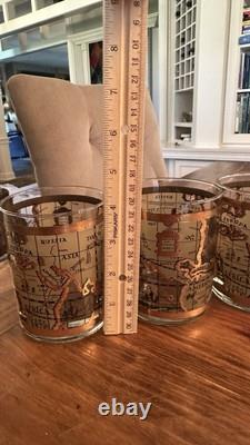 4 VTG MCM Culver Cera 22K Gold World Atlas Maps Double Old Fashioned Glasses