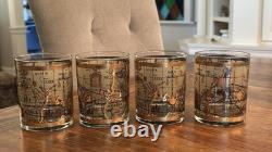 4 VTG MCM Culver Cera 22K Gold World Atlas Maps Double Old Fashioned Glasses